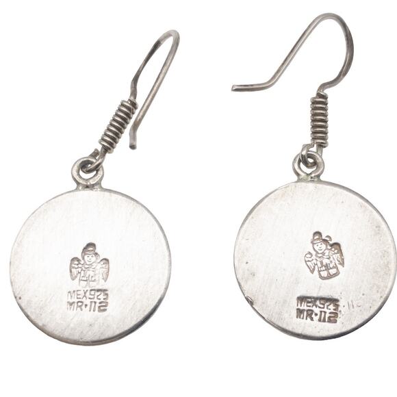 Vintage Mexican 925 Sterling Silver Aztec Mask Dangle Earrings Round - Picture 2 of 13